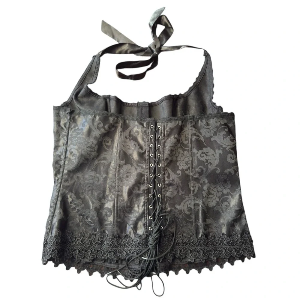 Vtg Y2k Corset Bustier Black Lingerie Lace Vamp Goth Romantic Steampunk Halter‎